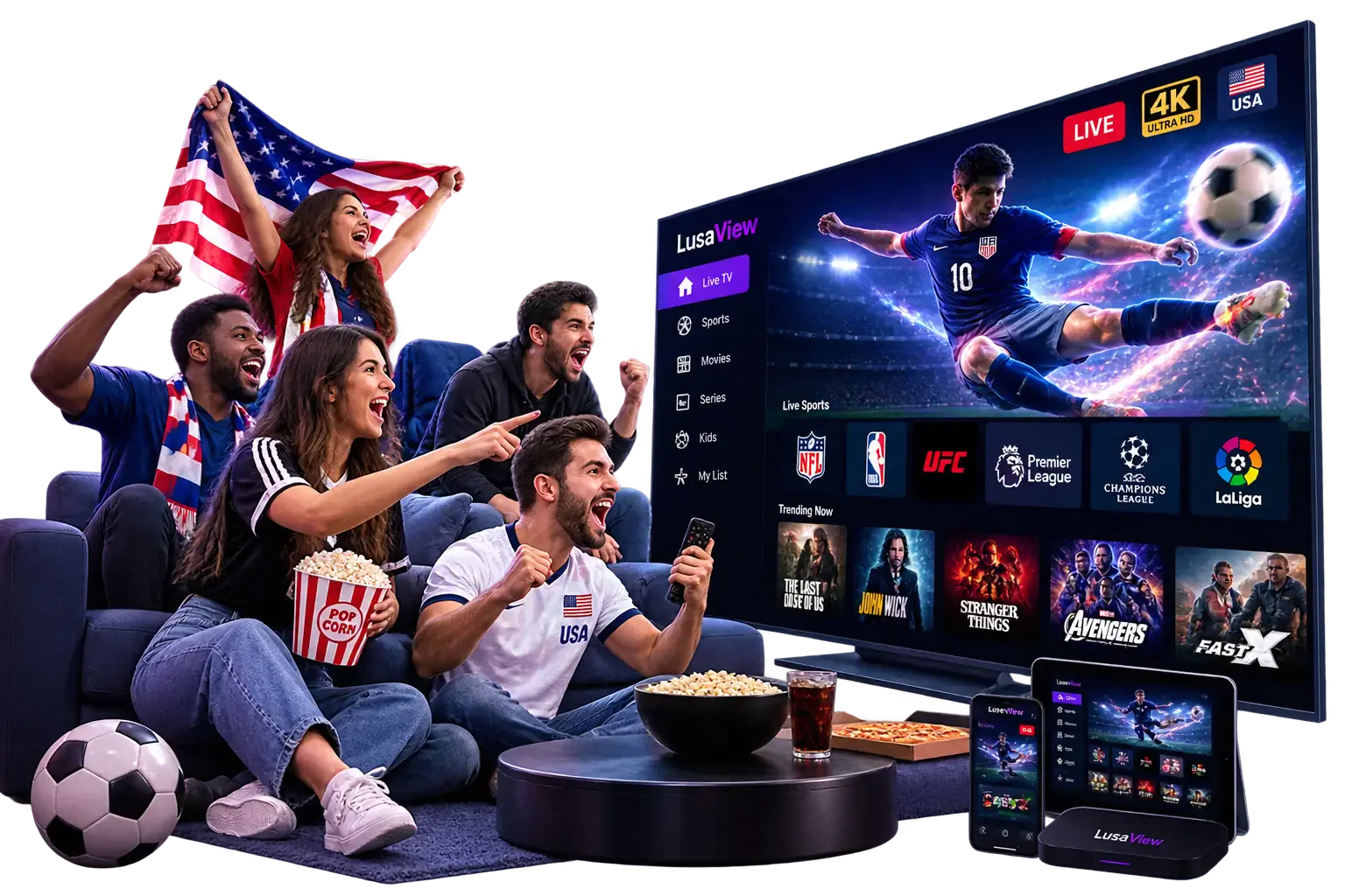 Kemo IPTV streaming live sports in 4K on a smart TV, phone and tablet